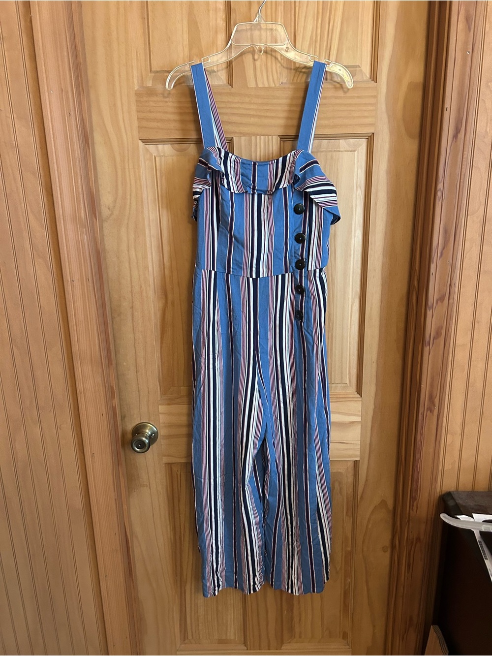 Xhilaration Blue Multi-Stripe Wide-Leg Jumpsuit with Button Detail